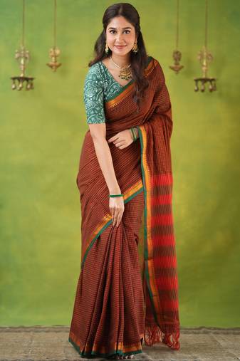 brown narayanpet woven cotton saree