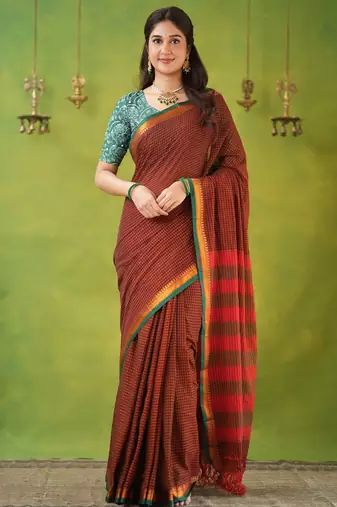 brown narayanpet woven cotton saree