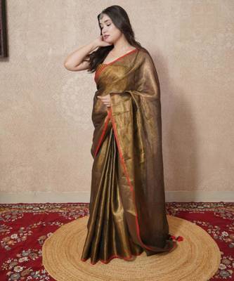 copper zari linen saree 1