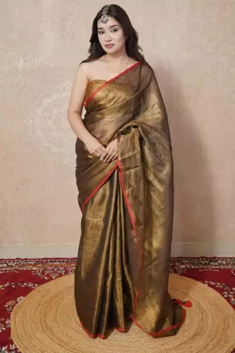 copper zari linen saree