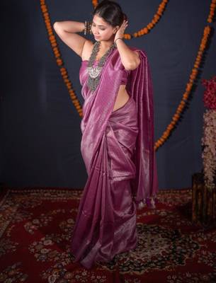purple striped zari linen saree 1