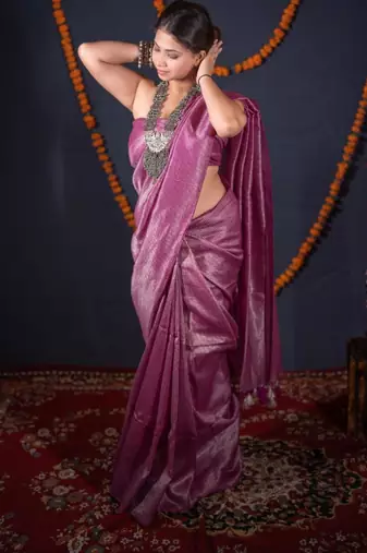 purple striped zari linen saree