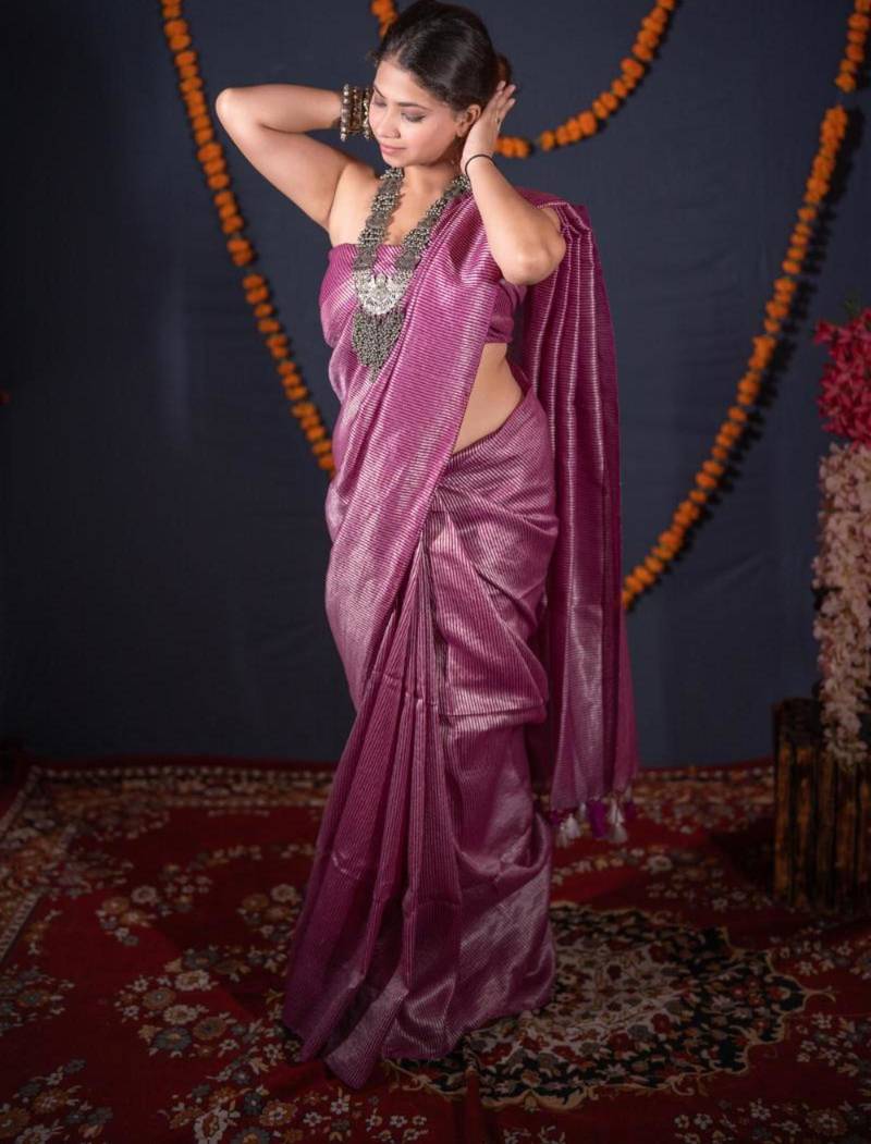 purple striped zari linen saree