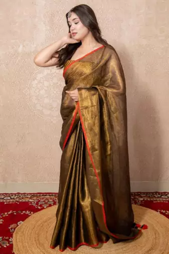 copper zari linen saree