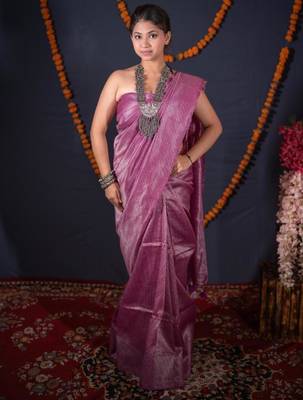 purple striped zari linen saree 2