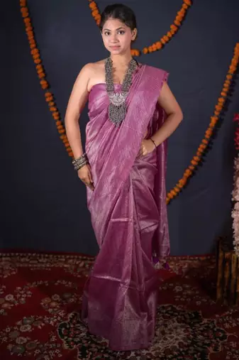 purple striped zari linen saree