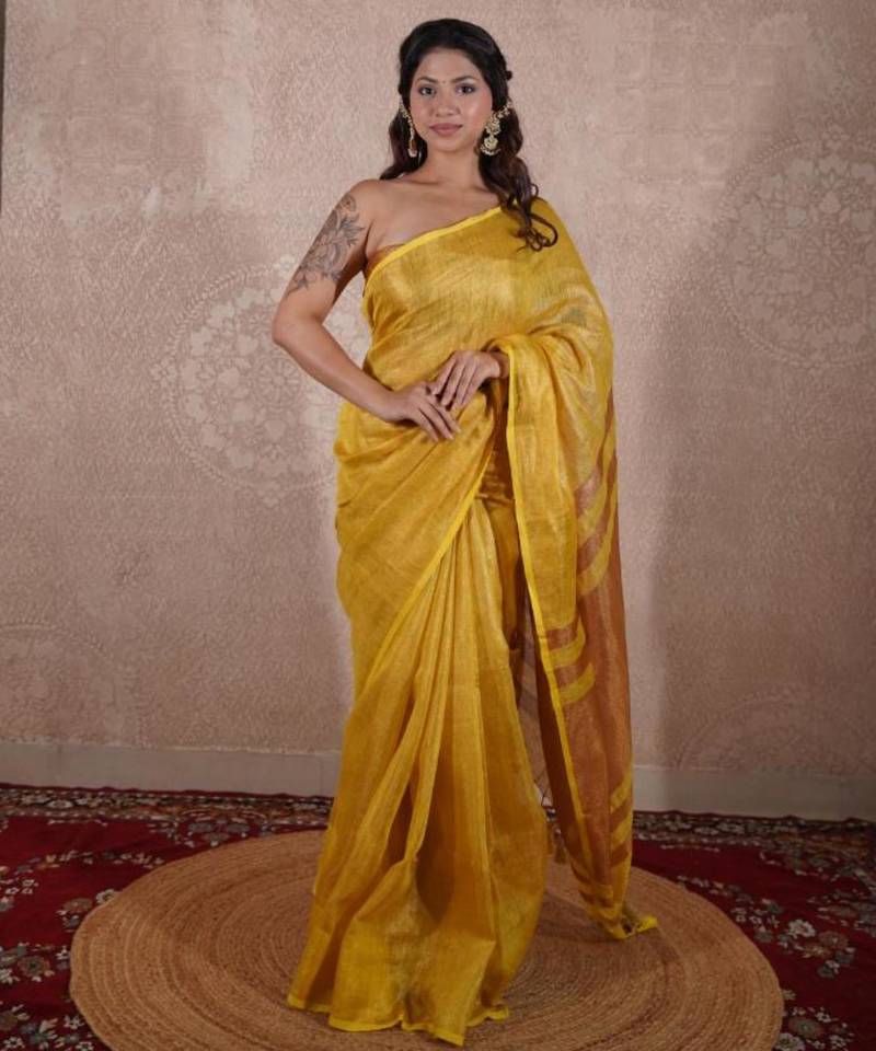 yellow saree with zari stripes