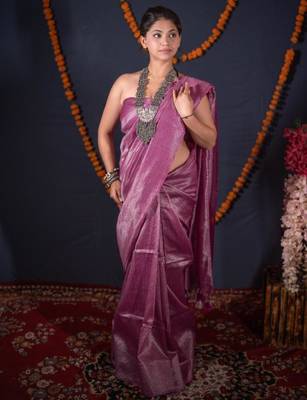 purple striped zari linen saree 3