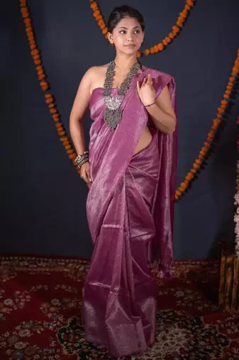 purple striped zari linen saree