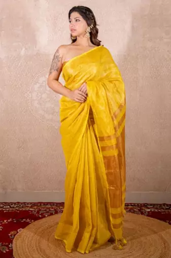 yellow saree with zari stripes