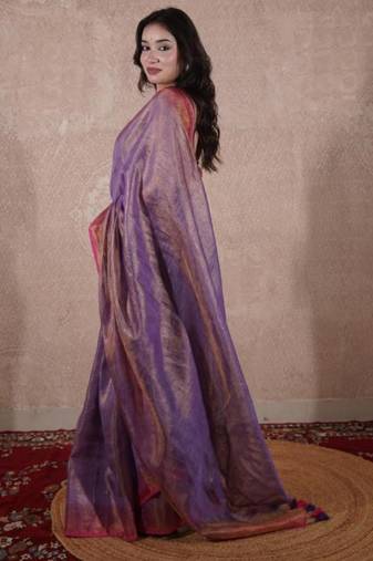 purple zari linen saree