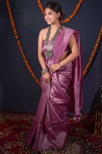 purple striped zari linen saree