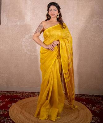 yellow saree with zari stripes 4