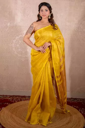 yellow saree with zari stripes