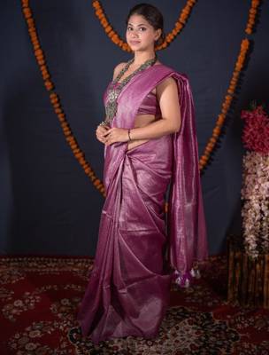purple striped zari linen saree 5