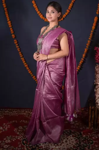 purple striped zari linen saree