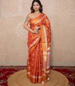 peach zari linen saree