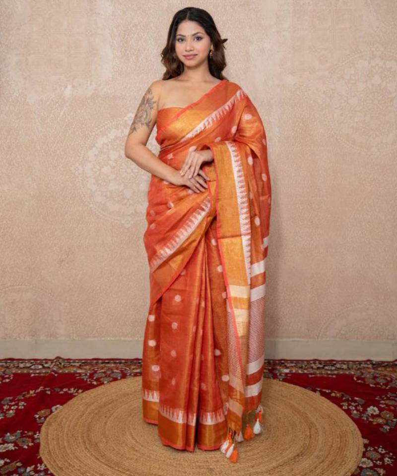 peach zari linen saree