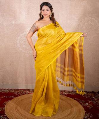 yellow saree with zari stripes 5
