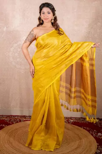 yellow saree with zari stripes