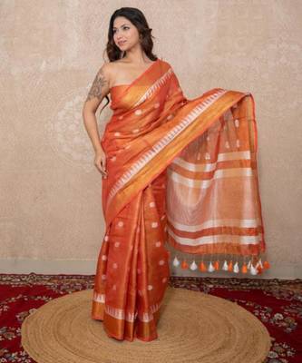 peach zari linen saree 2