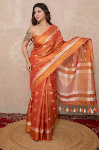 peach zari linen saree