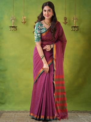 pink narayanpet woven cotton saree 1
