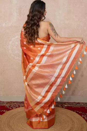 peach zari linen saree