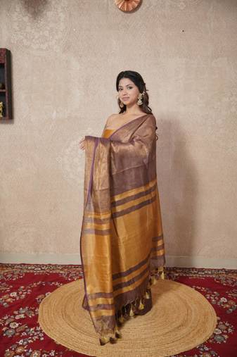copper saree with zari stripes