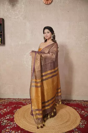 copper saree with zari stripes