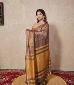 copper saree with zari stripes