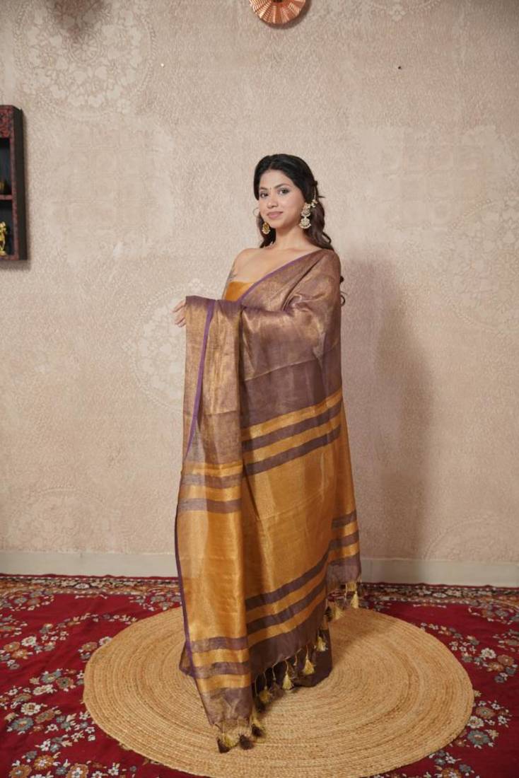 copper saree with zari stripes