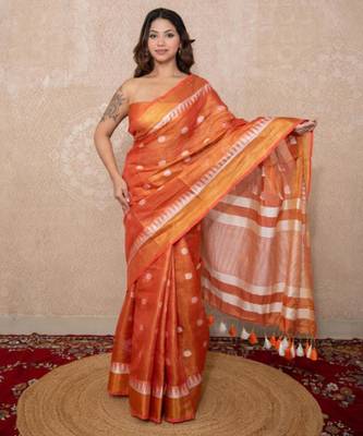 peach zari linen saree 5