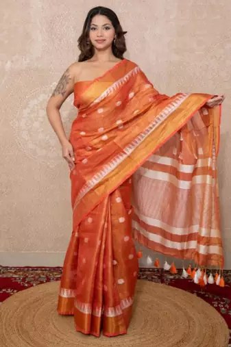 peach zari linen saree