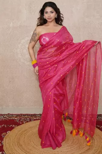 pink tikli work saree