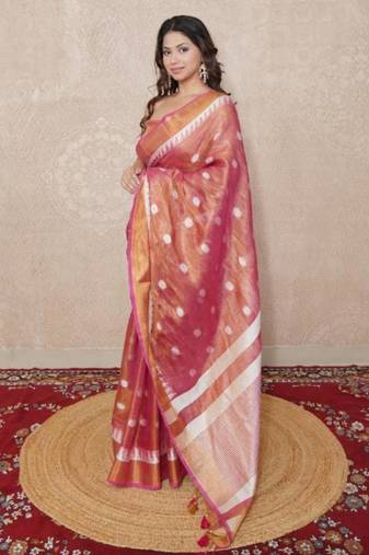 pink zari linen saree