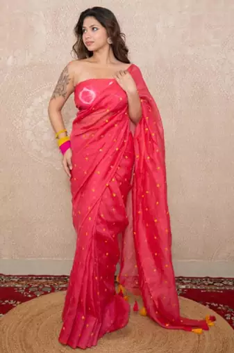 pink tikli work saree