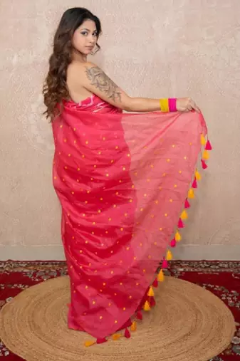 pink tikli work saree