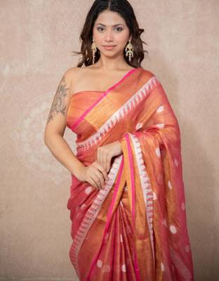 pink zari linen saree 3