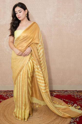 yellow striped zari linen saree
