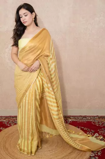 yellow striped zari linen saree