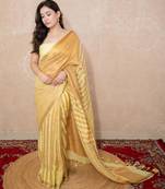 yellow striped zari linen saree