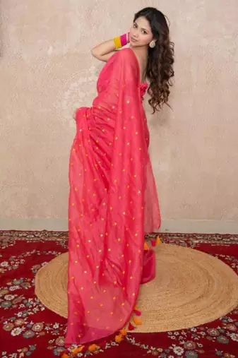 pink tikli work saree