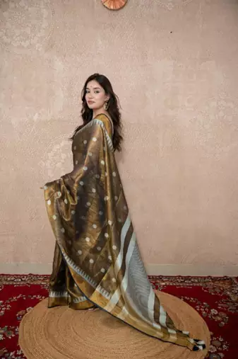 copper zari linen saree