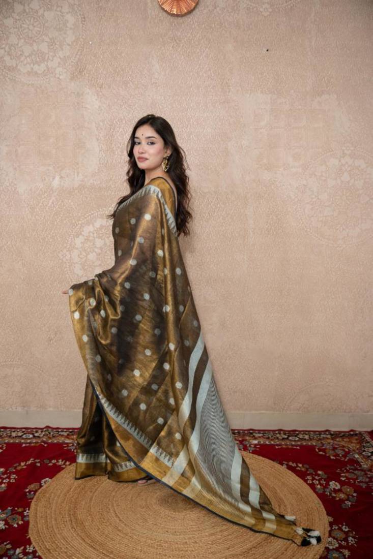 copper zari linen saree