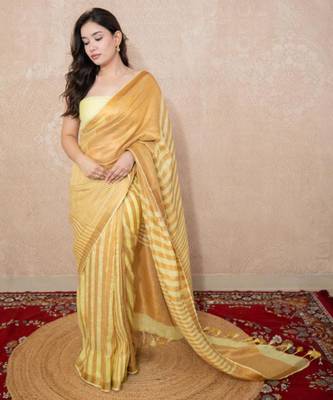 yellow striped zari linen saree 3