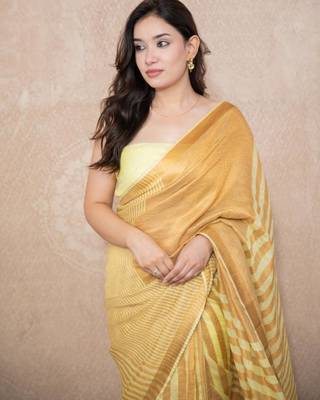 yellow striped zari linen saree 4
