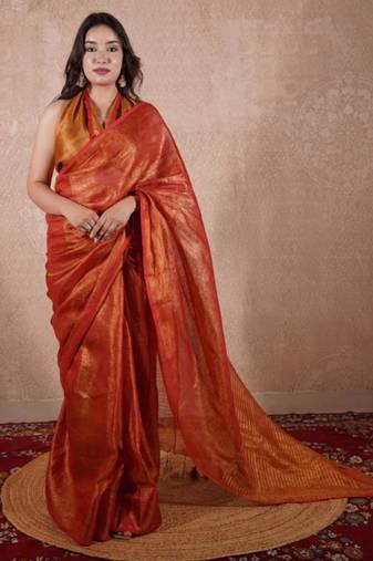 red zari saree with striped pallu