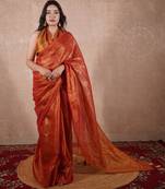 red zari saree with striped pallu