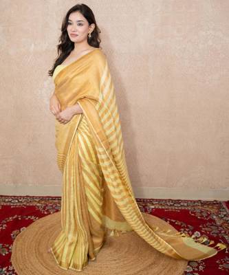 yellow striped zari linen saree 5